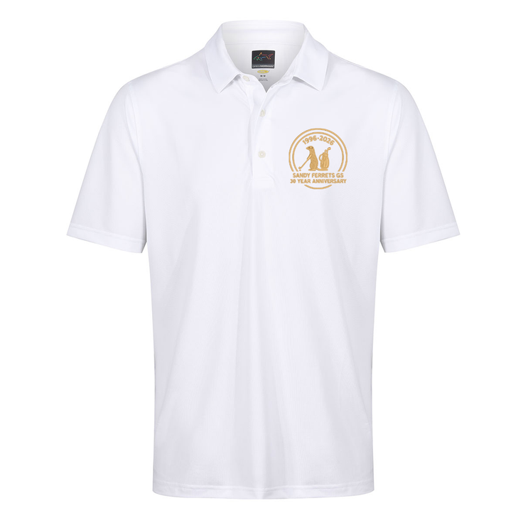 Sandy Ferrets 30 Year Anniversary Greg Norman Men's Neck Logo Stretch Golf Polo Shirt