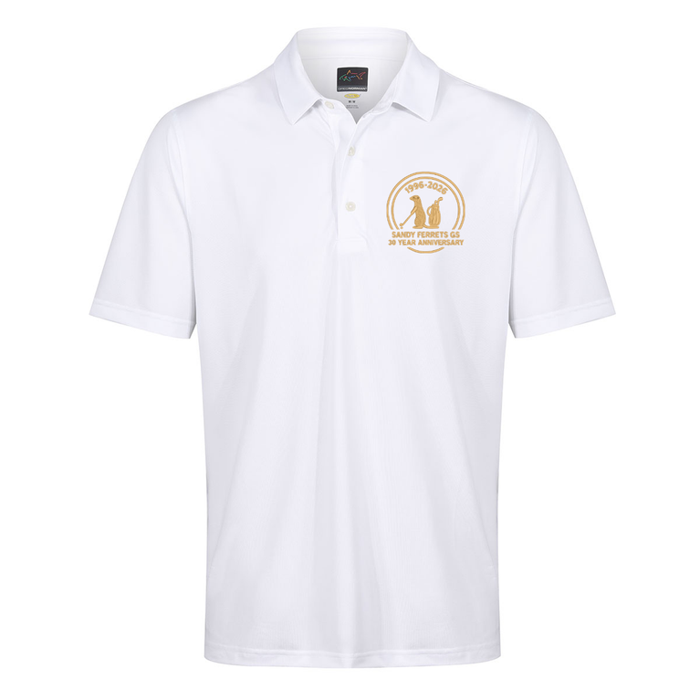 Sandy Ferrets 30 Year Anniversary Greg Norman Men's Neck Logo Stretch Golf Polo Shirt