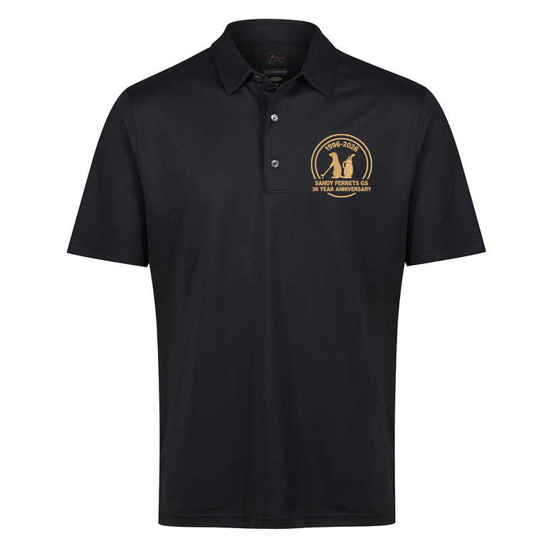 Sandy Ferrets 30 Year Anniversary Greg Norman Men's Neck Logo Stretch Golf Polo Shirt